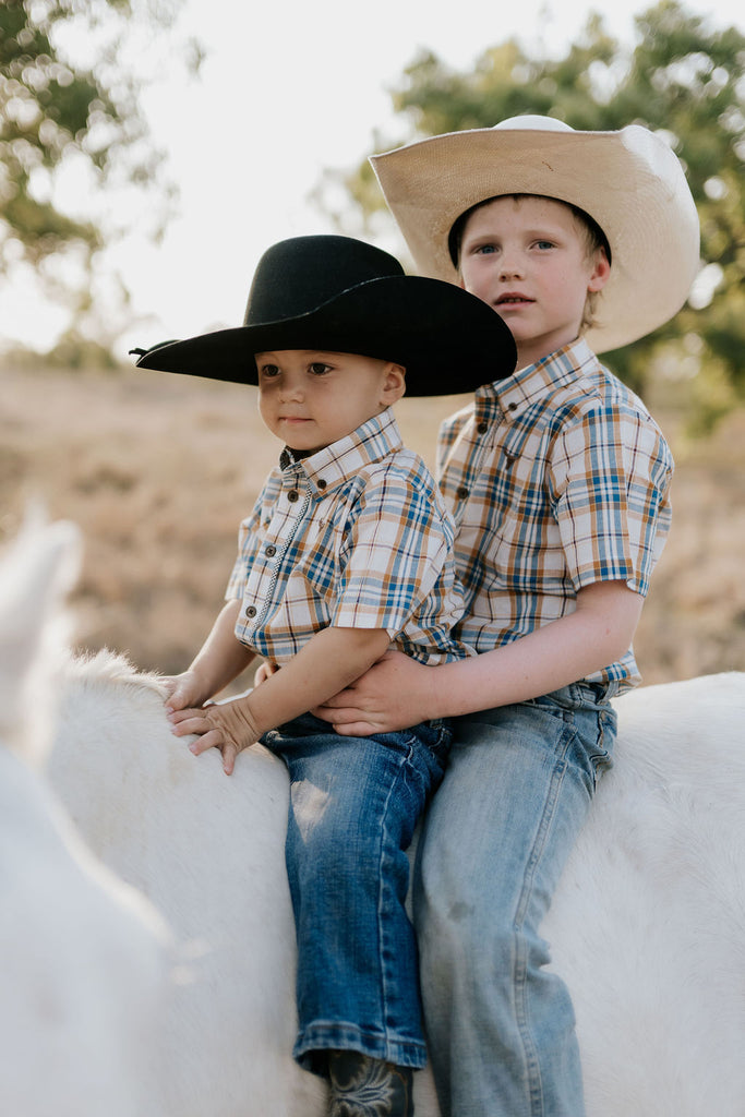"Dallas" Checked Tan Short Sleeve Romper-Little Windmill Clothing Co