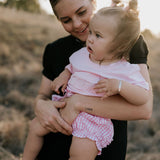 Rhiannon pink gingham baby bloomers flatlay showing full pink check pattern