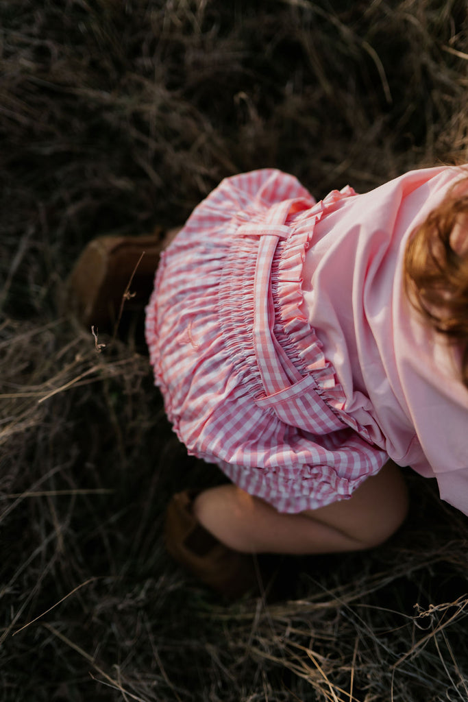 "Rhiannon" Pink Gingham Baby Bloomers With Tie-Little Windmill Clothing Co