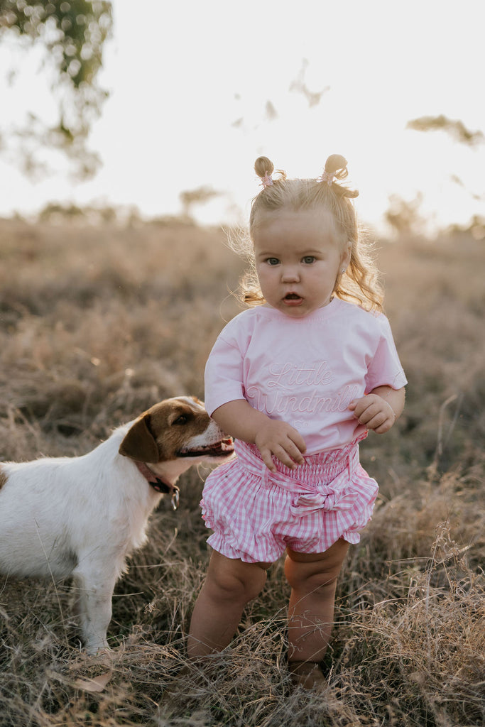 "Rhiannon" Pink Gingham Baby Bloomers With Tie-Little Windmill Clothing Co