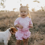 Rhiannon pink gingham baby bloomers worn by baby showing adorable pink gingham country style