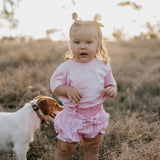 Rhiannon pink gingham baby bloomers worn by baby showing adorable pink gingham country style