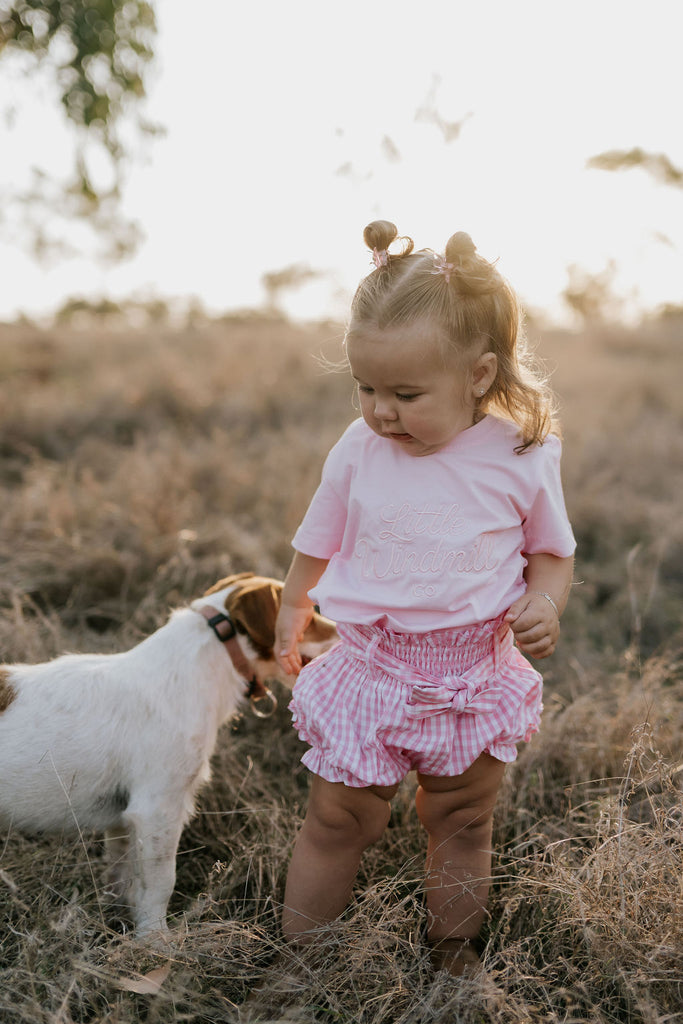 "Rhiannon" Pink Gingham Baby Bloomers With Tie-Little Windmill Clothing Co
