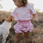 Rhiannon pink gingham baby bloomers waist detail showing elasticated waist and quality gingham fabric