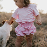 Rhiannon pink gingham baby bloomers waist detail showing elasticated waist and quality gingham fabric
