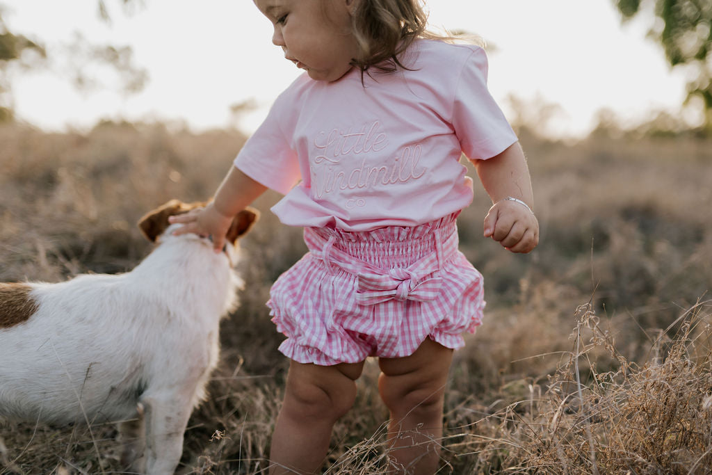 Rhiannon pink gingham baby bloomers waist detail showing elasticated waist and quality gingham fabric