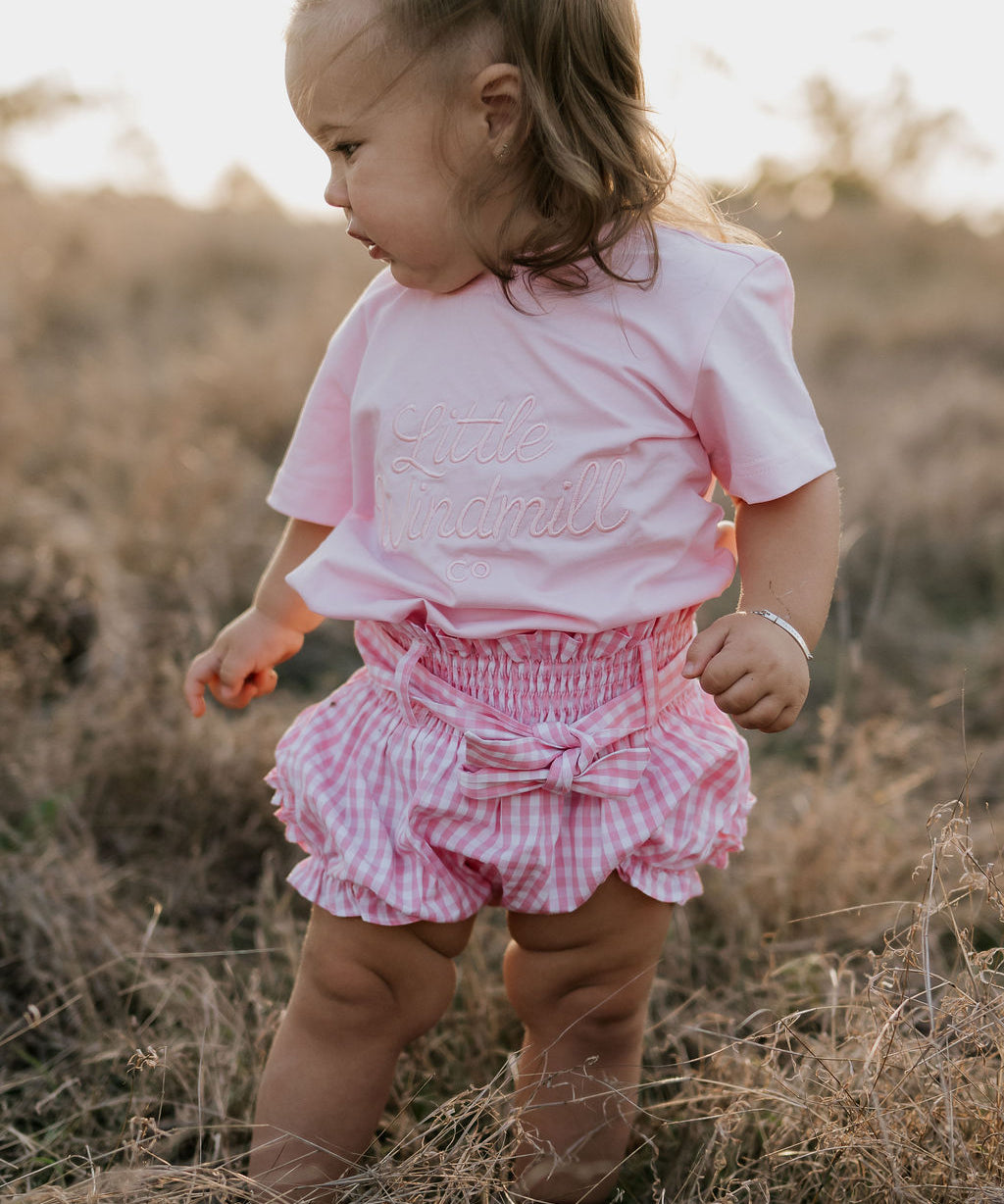 Rhiannon pink gingham baby bloomers back view showing cute country check style and comfortable fit