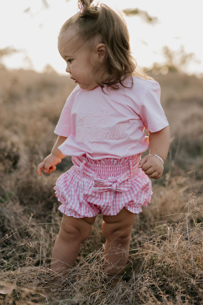 "Rhiannon" Pink Gingham Baby Bloomers With Tie-Little Windmill Clothing Co