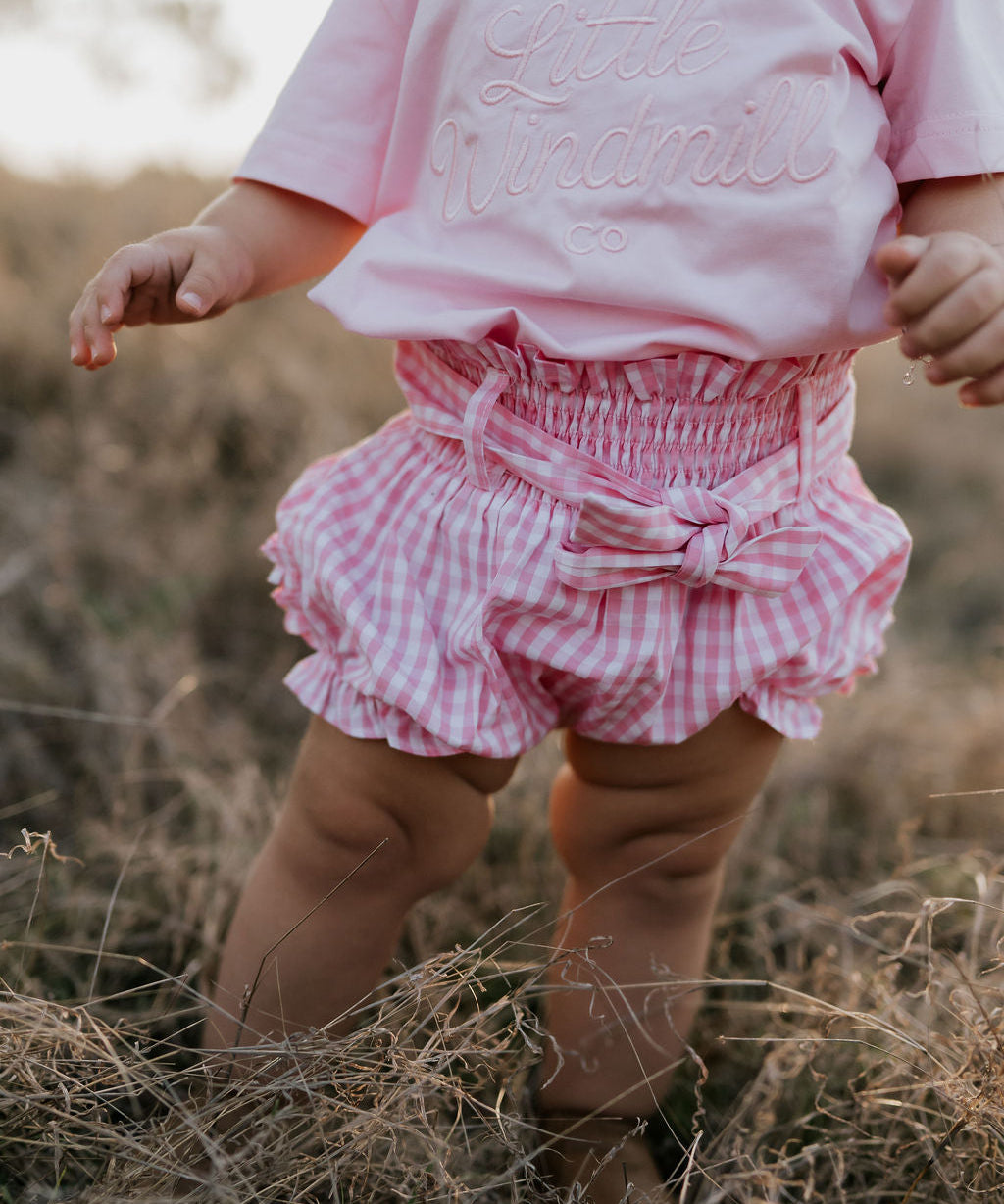 Rhiannon pink gingham baby bloomers front view showing sweet pink gingham check bloomers for baby girls