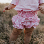 Rhiannon pink gingham baby bloomers front view showing sweet pink gingham check bloomers for baby girls