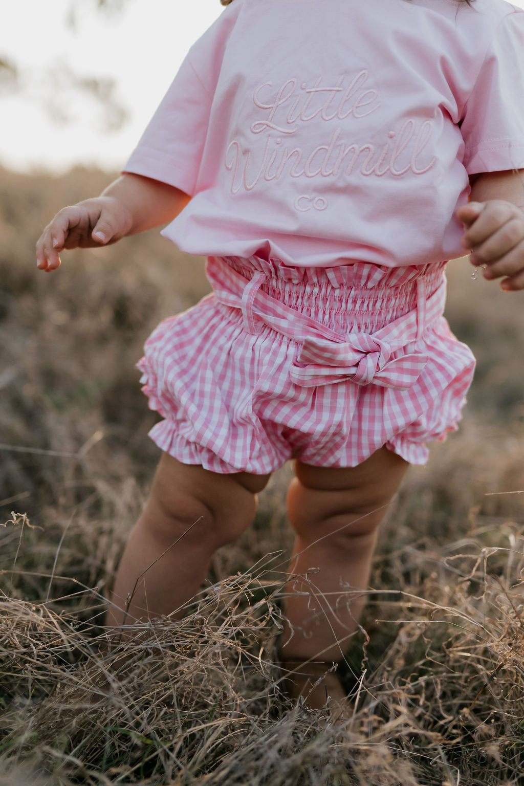 Rhiannon pink gingham baby bloomers front view showing sweet pink gingham check bloomers for baby girls