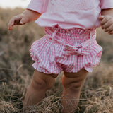 Rhiannon pink gingham baby bloomers front view showing sweet pink gingham check bloomers for baby girls