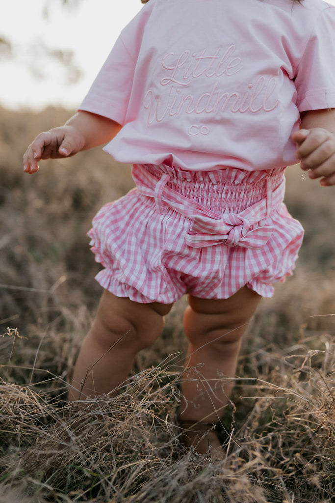 "Rhiannon" Pink Gingham Baby Bloomers With Tie-Little Windmill Clothing Co