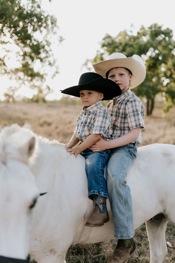 "Austin" Checked Tan Short Sleeve Shirt-Little Windmill Clothing Co
