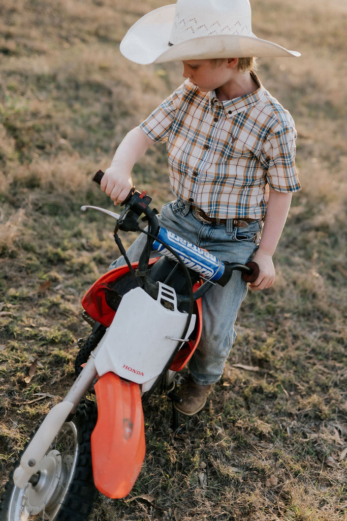 "Austin" Checked Tan Short Sleeve Shirt-Little Windmill Clothing Co