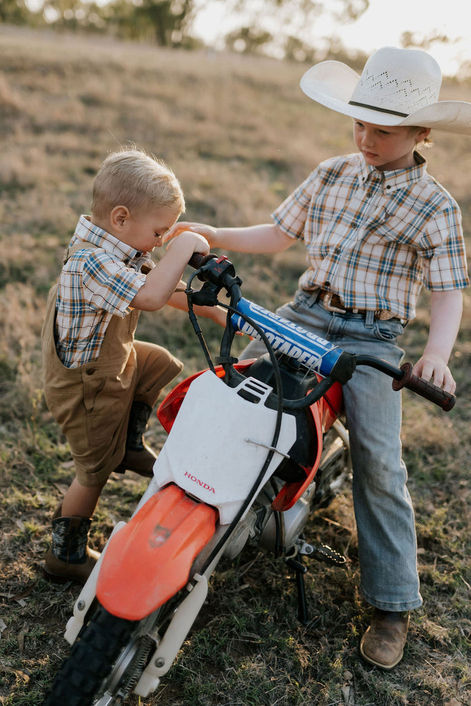 "Austin" Checked Tan Short Sleeve Shirt-Little Windmill Clothing Co