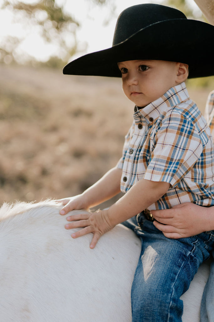 "Austin" Checked Tan Short Sleeve Shirt-Little Windmill Clothing Co