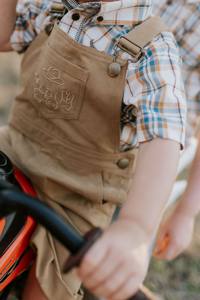 "Dallas" Checked Tan Short Sleeve Romper-Little Windmill Clothing Co