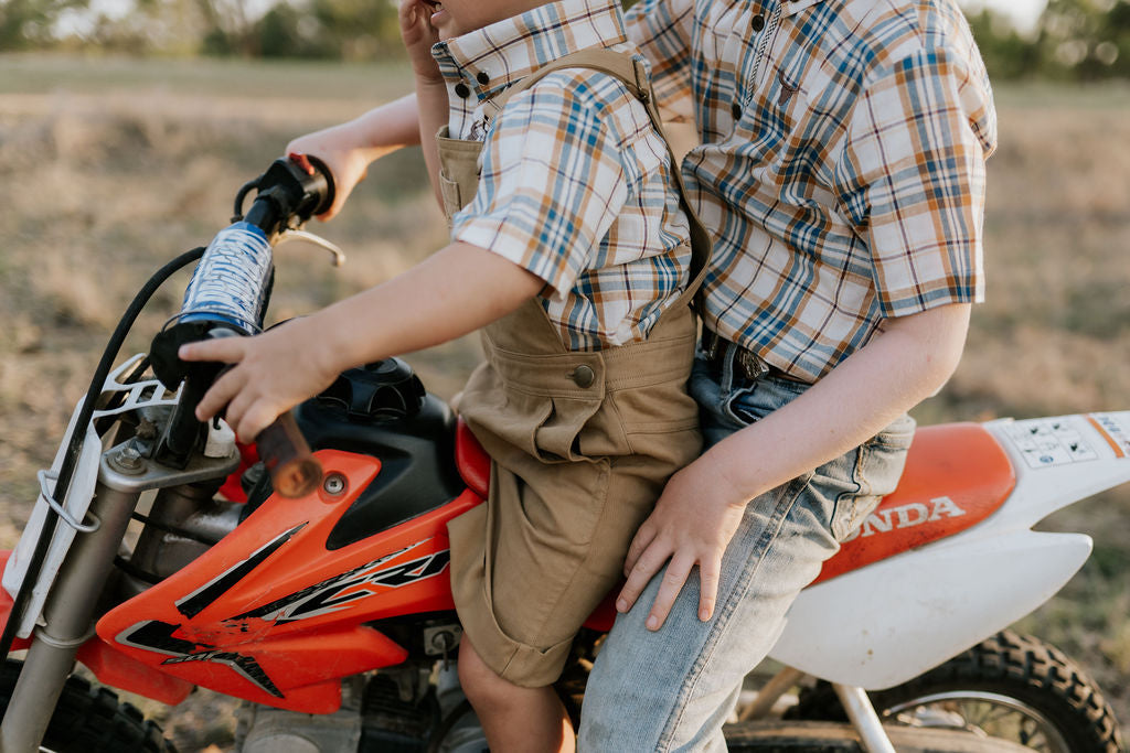 "Dallas" Checked Tan Short Sleeve Romper-Little Windmill Clothing Co