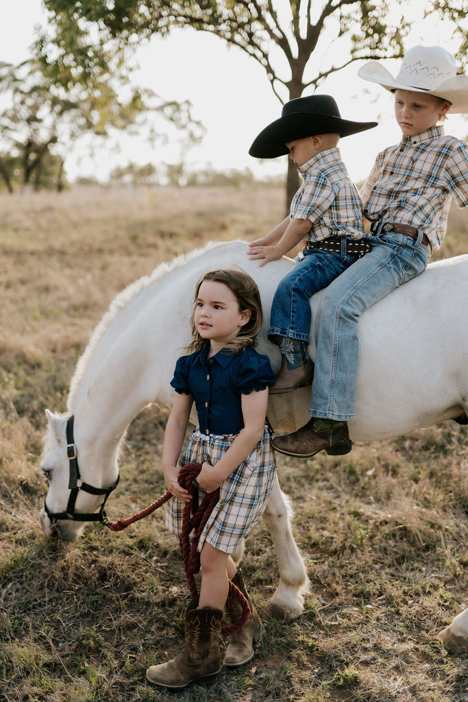 "Austin" Checked Tan Short Sleeve Shirt-Little Windmill Clothing Co
