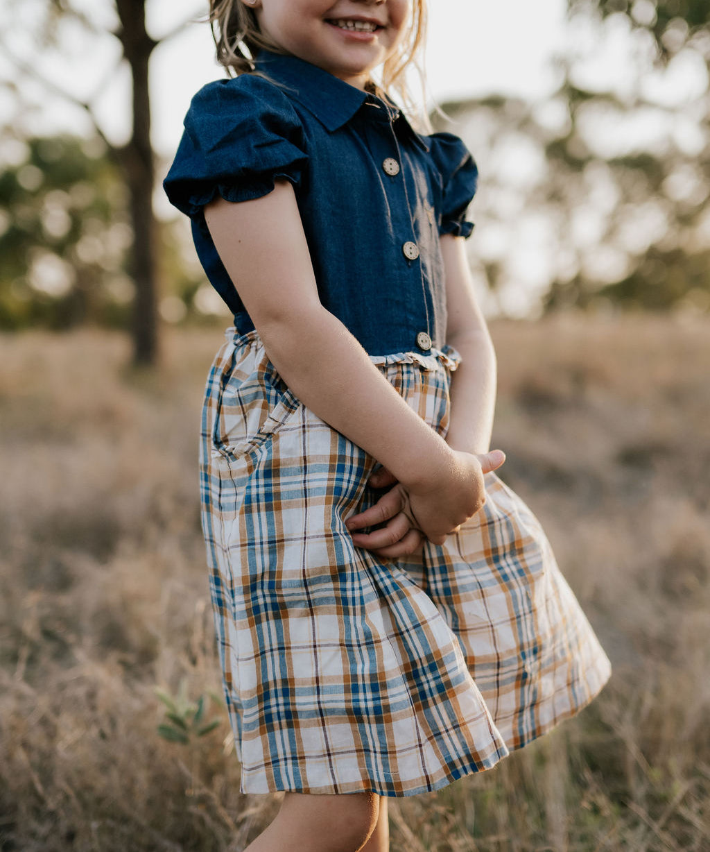 Georgia dark denim check swing dress flatlay showing full A-line swing design in dark denim check