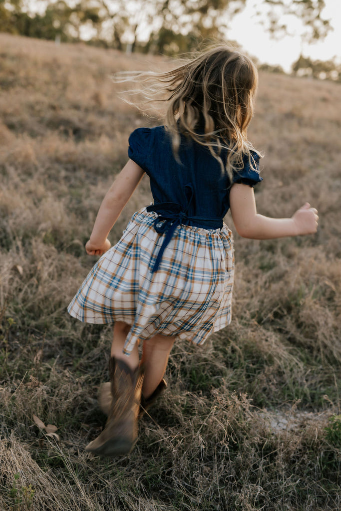 "Arizona" Dark Denim Check Swing Dress-Little Windmill Clothing Co