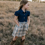 Georgia dark denim check swing dress collar detail showing neat neckline finish