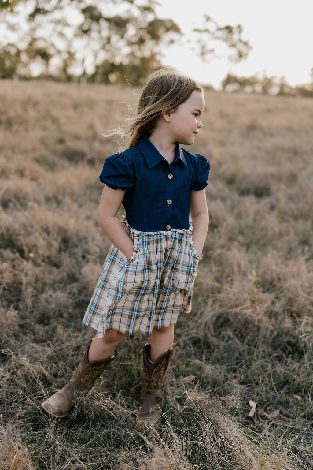 Georgia dark denim check swing dress collar detail showing neat neckline finish