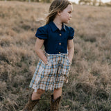 Georgia dark denim check swing dress collar detail showing neat neckline finish
