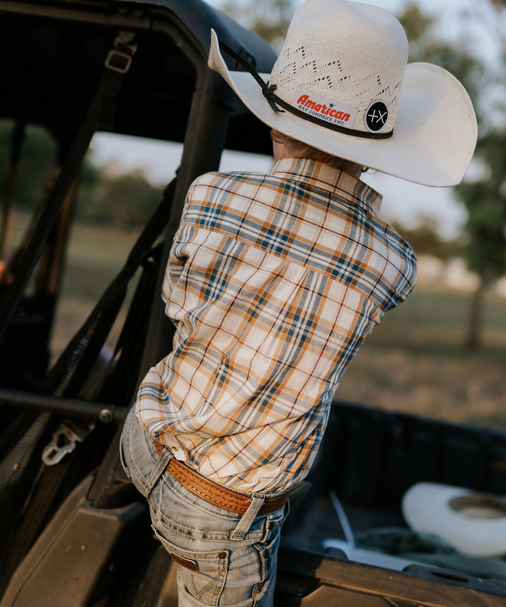 Austin checked tan short sleeve shirt worn by boy showing smart country casual tan check style