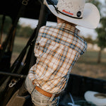 Austin checked tan short sleeve shirt worn by boy showing smart country casual tan check style