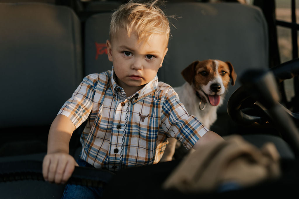 "Austin" Checked Tan Short Sleeve Shirt-Little Windmill Clothing Co