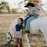 Austin checked tan short sleeve shirt back view showing relaxed boys fit in tan check fabric