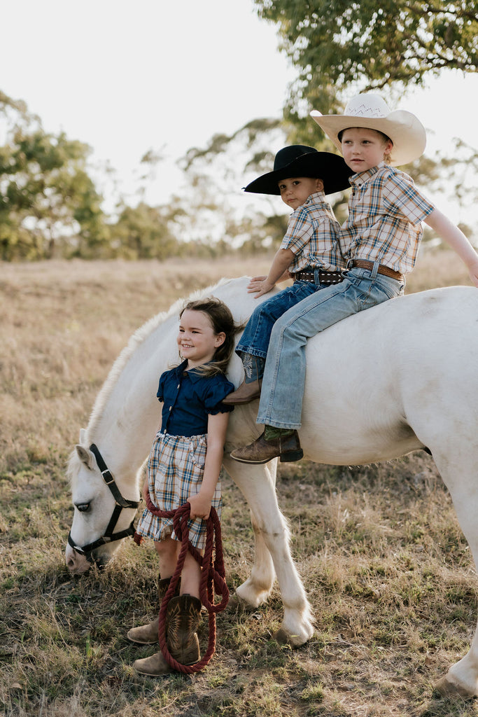 "Austin" Checked Tan Short Sleeve Shirt-Little Windmill Clothing Co