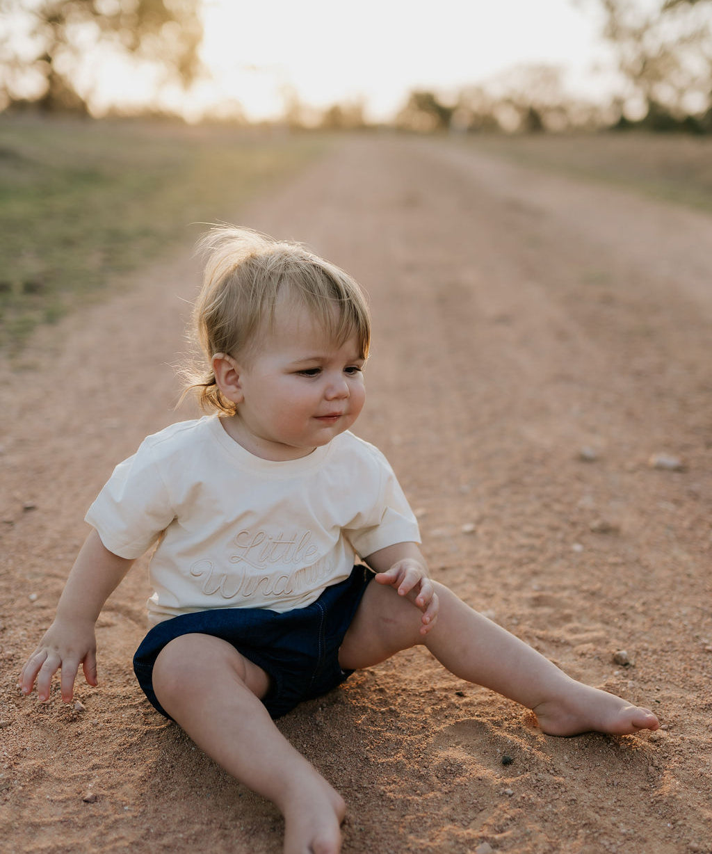 Harley denim baby bloomers worn by baby showing sweet denim country style