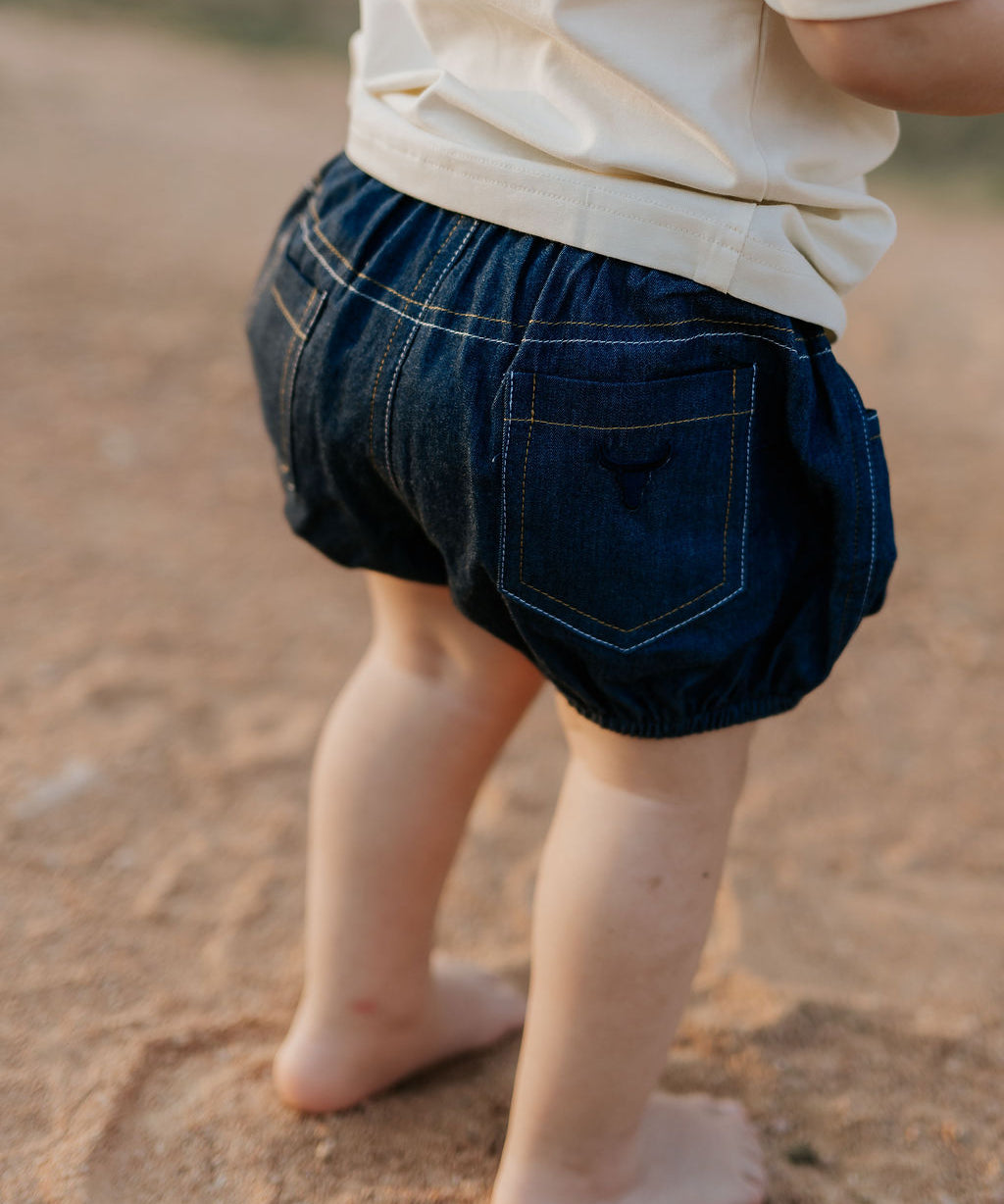 Harley denim baby bloomers front view showing adorable denim bloomers for baby girls