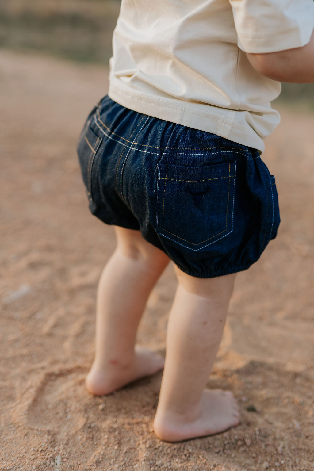 Harley denim baby bloomers front view showing adorable denim bloomers for baby girls
