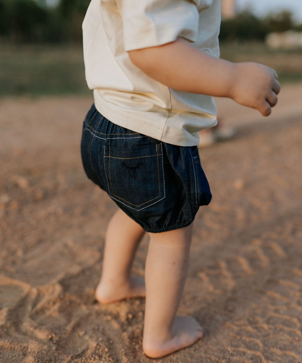 Harley denim baby bloomers back view showing cute denim style and comfortable nappy-friendly fit