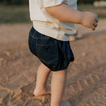 Harley denim baby bloomers back view showing cute denim style and comfortable nappy-friendly fit