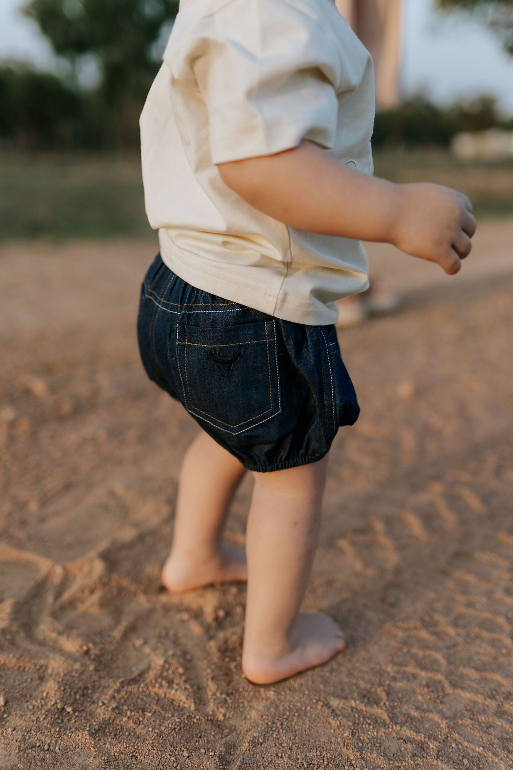 Harley denim baby bloomers back view showing cute denim style and comfortable nappy-friendly fit