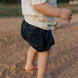 Harley denim baby bloomers back view showing cute denim style and comfortable nappy-friendly fit