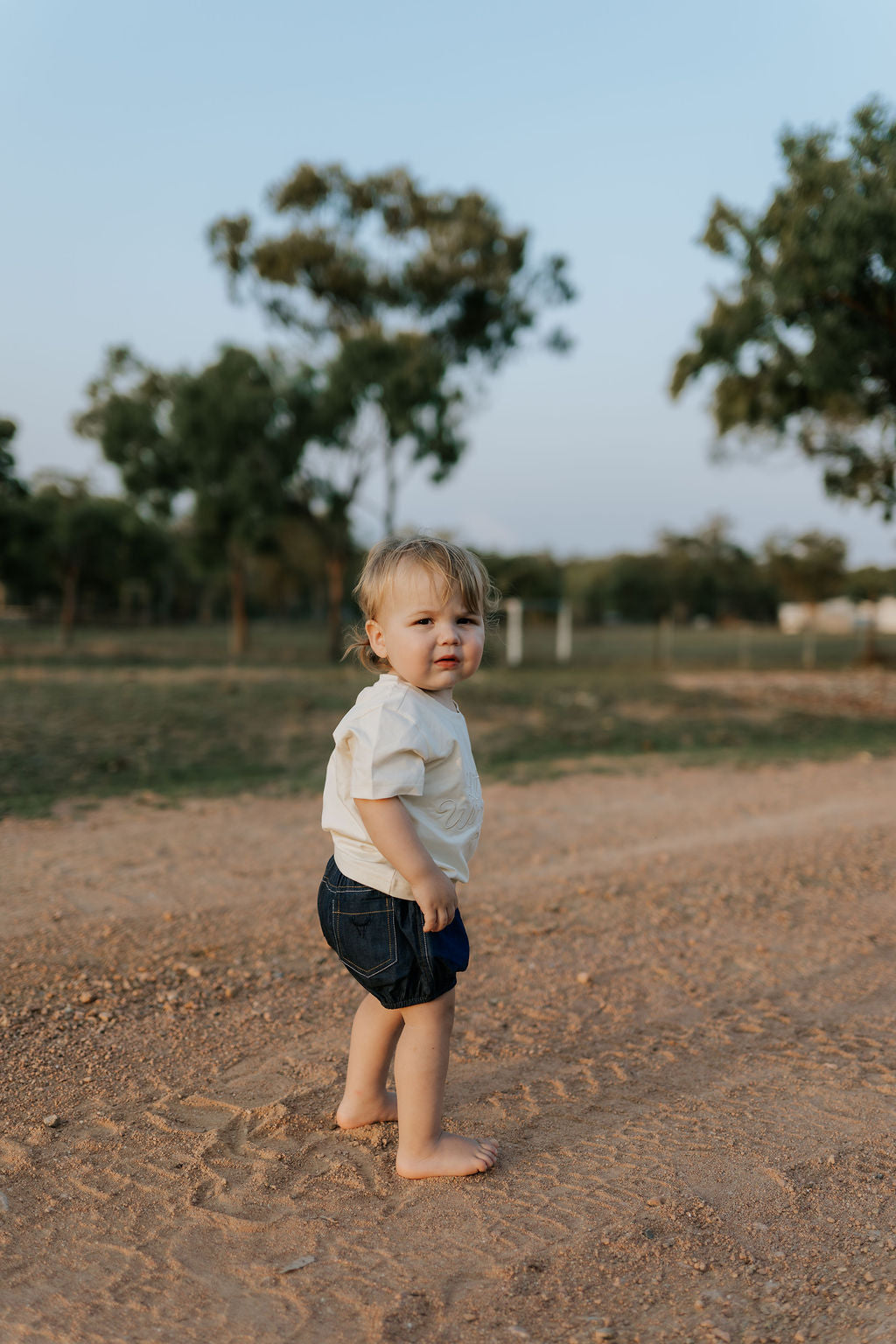 Harley denim baby bloomers close-up showing premium denim fabric and stitching detail