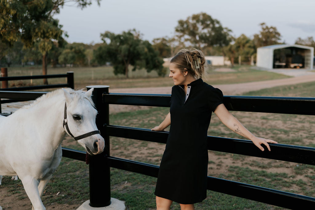 "Shay" Semi Fitted Women's Black Polo Dress-Little Windmill Clothing Co