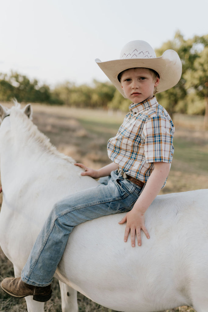 "Austin" Checked Tan Short Sleeve Shirt-Little Windmill Clothing Co