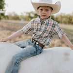 Austin checked tan short sleeve shirt front view showing classic tan check boys shirt