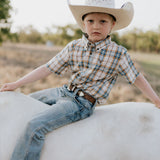 Austin checked tan short sleeve shirt front view showing classic tan check boys shirt