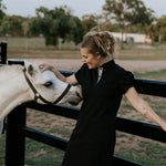 Shay semi-fitted women's black polo dress collar detail showing classic polo neckline in black
