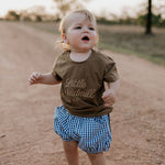 Charlie navy gingham baby bloomers worn by baby showing timeless navy gingham country style