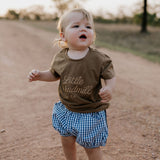 Charlie navy gingham baby bloomers worn by baby showing timeless navy gingham country style