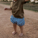 Charlie navy gingham baby bloomers flatlay showing full classic navy check pattern